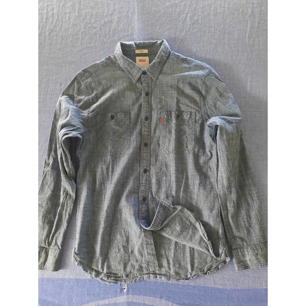 Levis Mens Blue Chambray Stretch Long Sleeve Button Down Utility Shirt Large